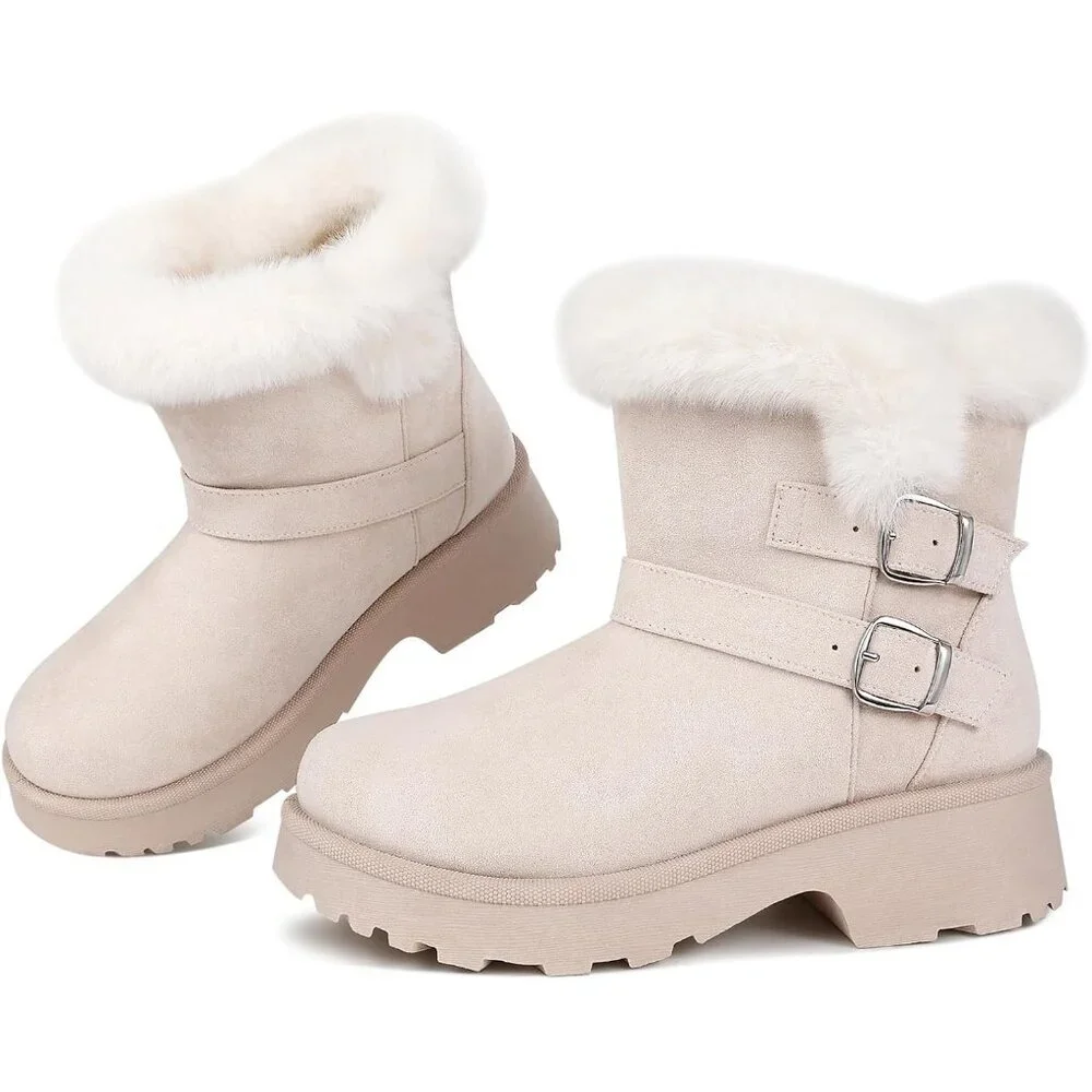 Women's Chunky Low Heel Snow Boots With Fashion Buckle Slip-On Booties Beige